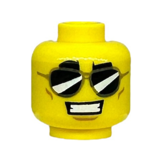 Thick Black Eyebrows, Black Sunglasses, Smile with Teeth / White Pupils, Closed Mouth