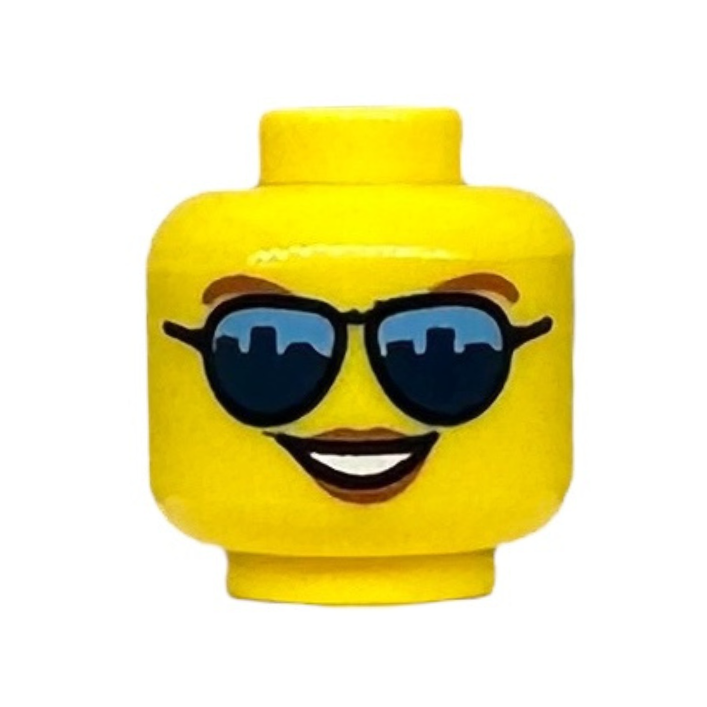 Sunglasses with Dark Blue Skyline Reflections, Open Mouth Smile with Teeth