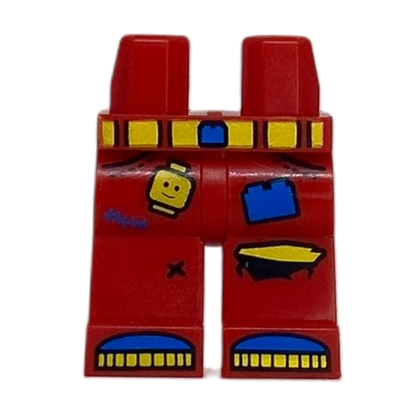 Torn Knee, Yellow and Blue Belt with Buckle, Minifigure Head, Brick and Shoe Tips