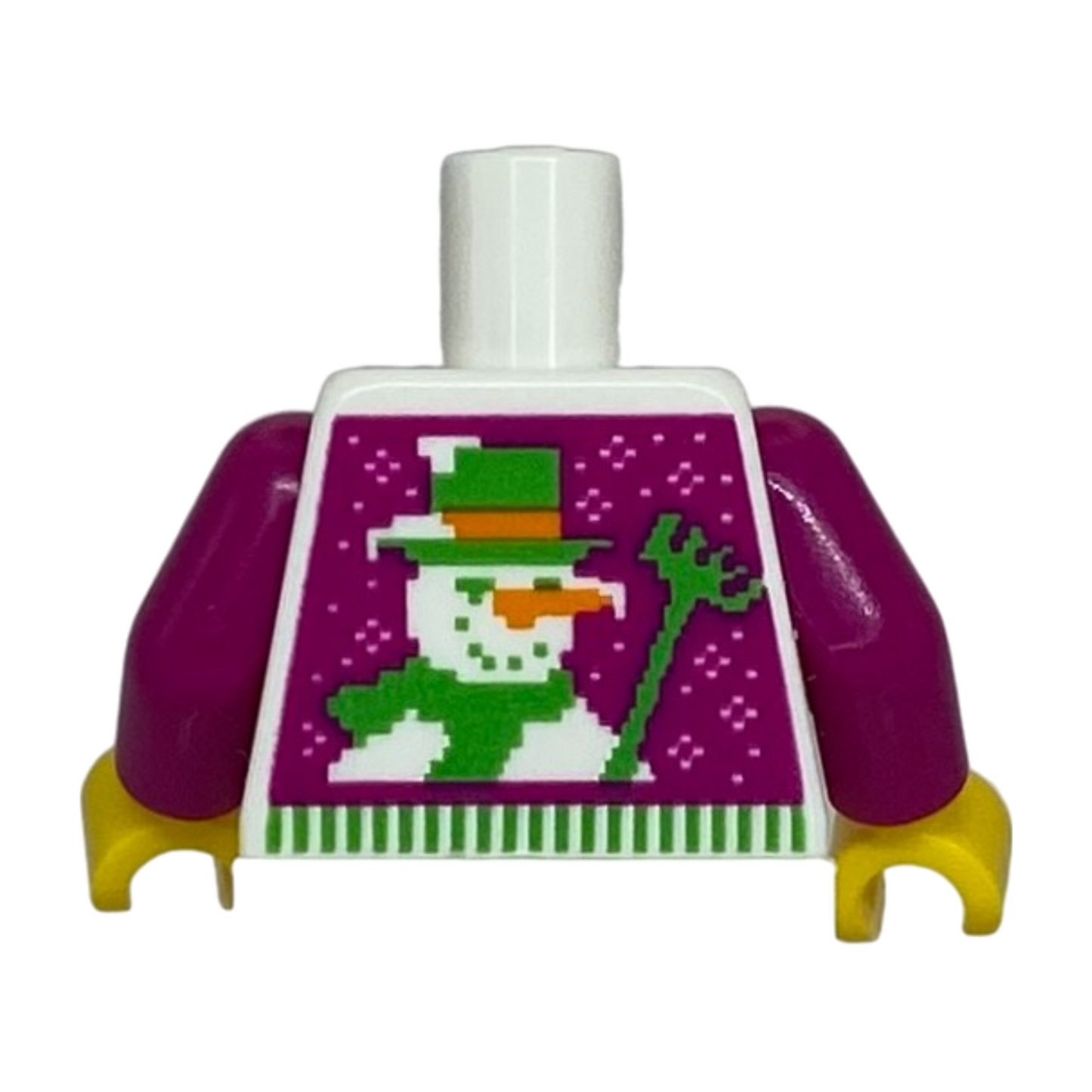 Fair Isle Holiday Sweater with Bright Green Christmas Tree, Orange Presents, Snowman on Back