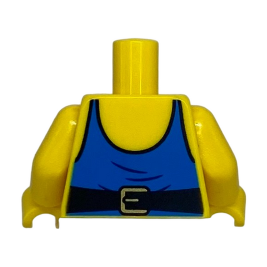Torso with Muscles Outline, Blue Tank Top with Medium Blue Lightning Bolts, Black and Gold Wrestling Belt