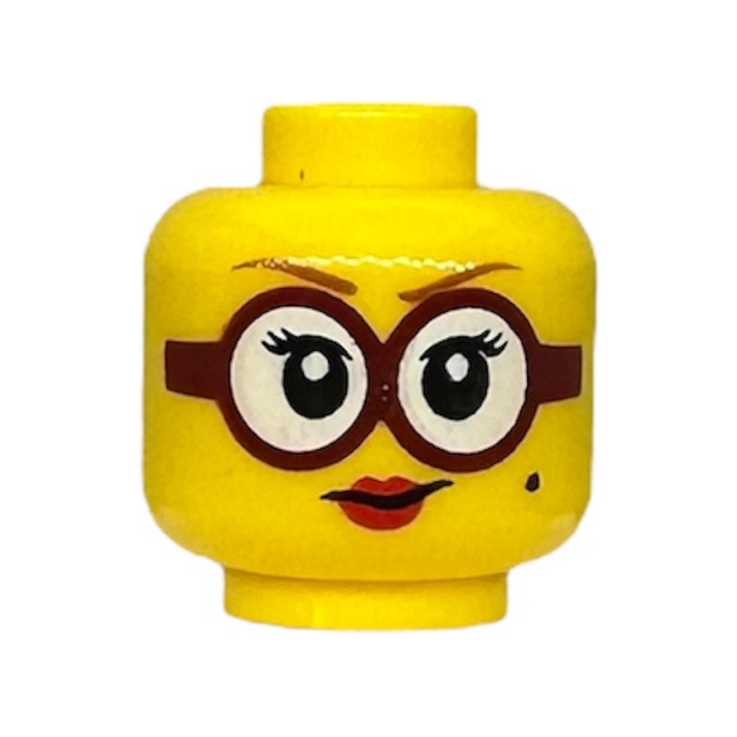 Round Glasses with White Lenses and Dark Red Frames, Beauty Mark, Red Lips, Smile