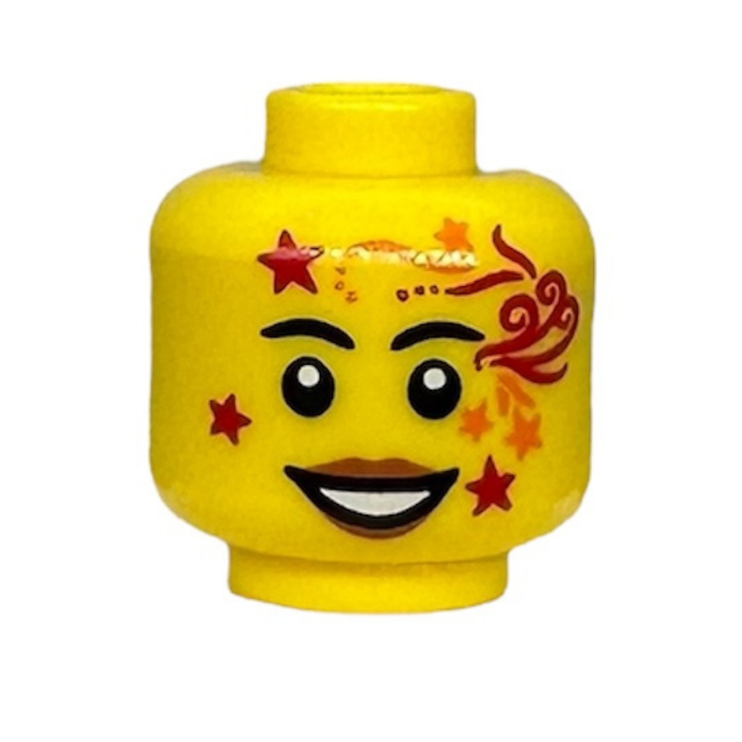 Red and Orange Face Paint with Stars and Lines, Open Mouth Smile with Teeth