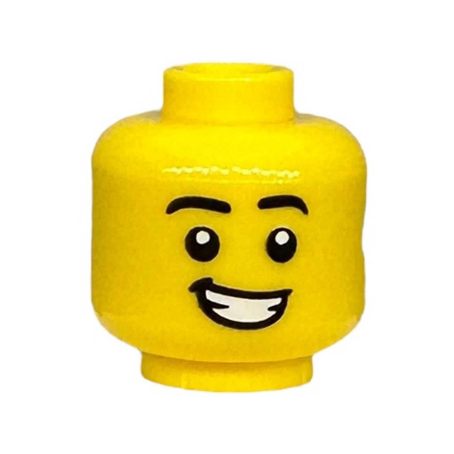 Black Eyebrows, Bright Light Blue Hearing Aid on Left, Lopsided Open Mouth Smile with Teeth