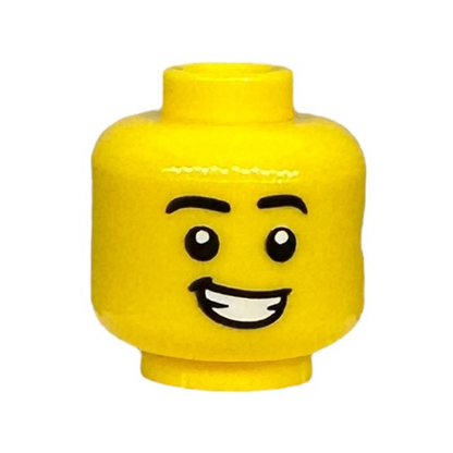 Black Eyebrows, Bright Light Blue Hearing Aid on Left, Lopsided Open Mouth Smile with Teeth