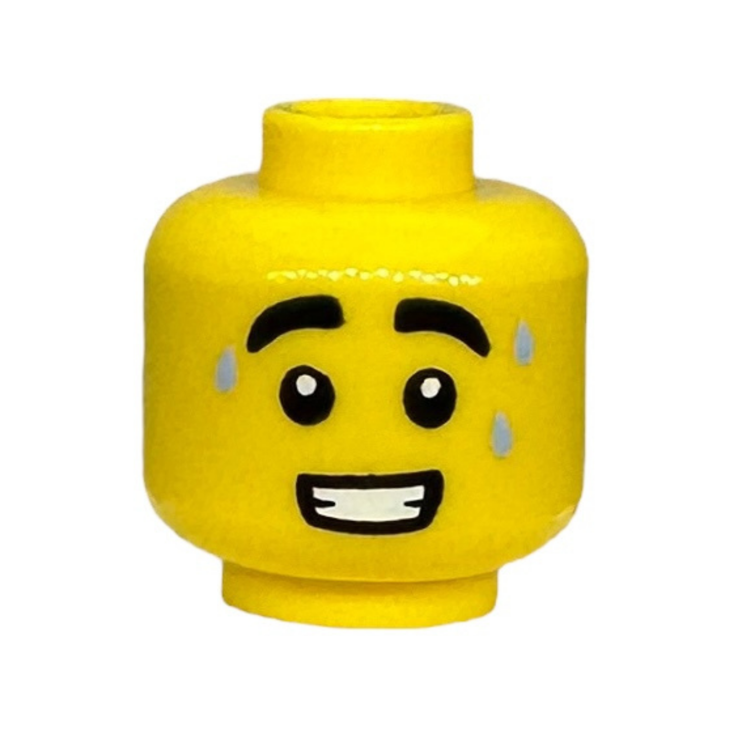 Thick Eyebrows, 3 Bright Light Blue Sweat Drops, Open Mouth with Teeth