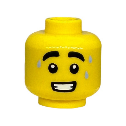 Thick Eyebrows, 3 Bright Light Blue Sweat Drops, Open Mouth with Teeth