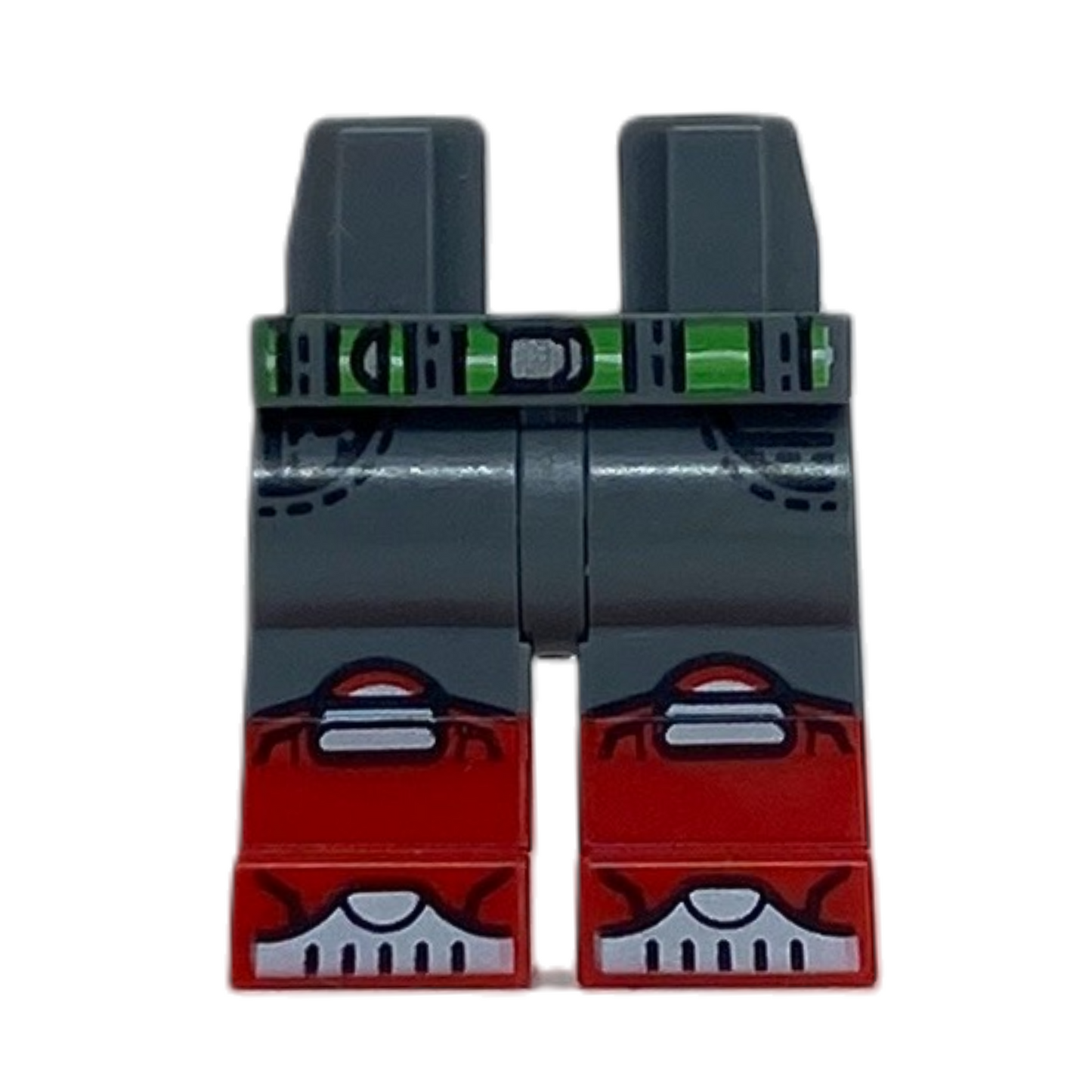 Molded Red Lower Legs / Boots, Bright Green Belt with Silver Buckle, Black Stitching and Pockets, White Knee Pads