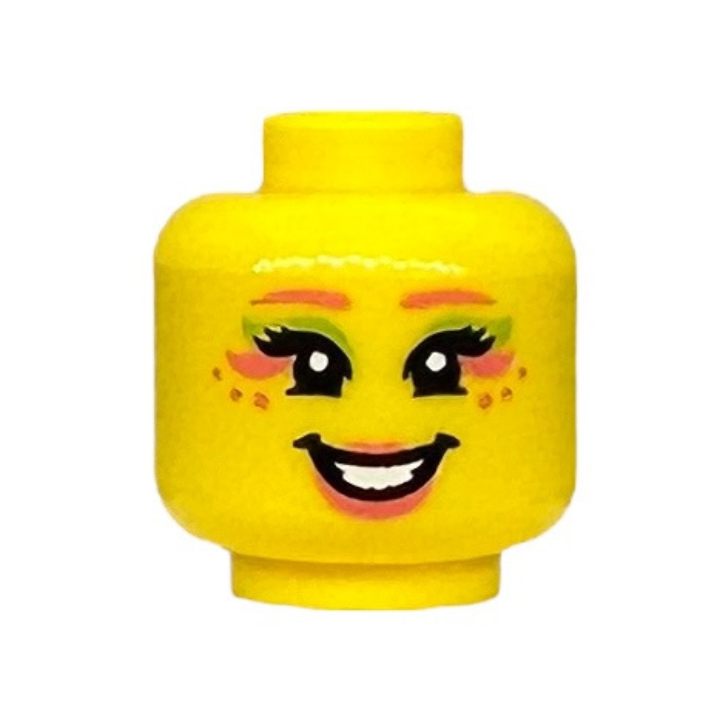 Coral Eyebrows, Dots and Lips, Lime Eye Shadow, Open Mouth Smile with Teeth