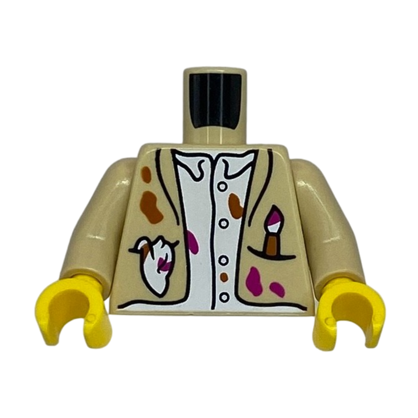 Jacket Open with Paint Brush and Rag in Pockets, White Shirt, Magenta and Dark Orange Splotches