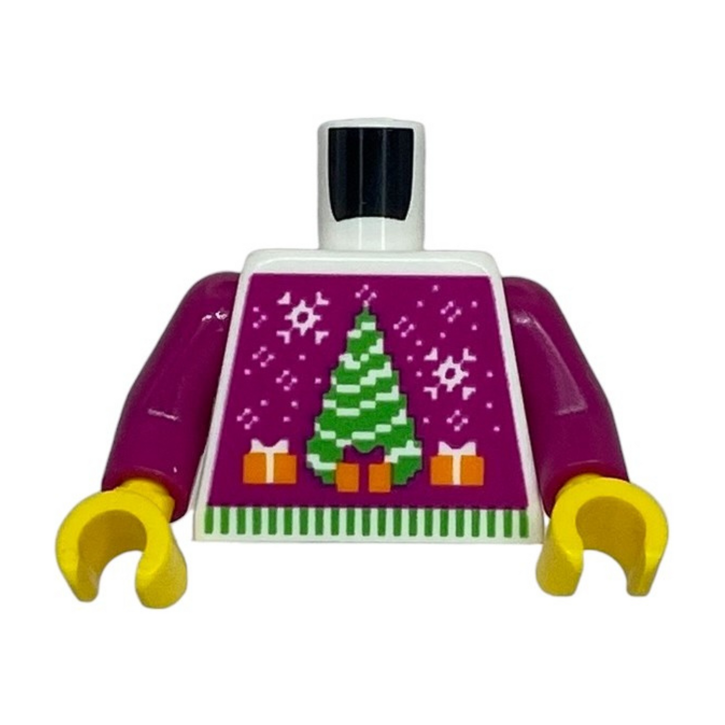 Fair Isle Holiday Sweater with Bright Green Christmas Tree, Orange Presents, Snowman on Back