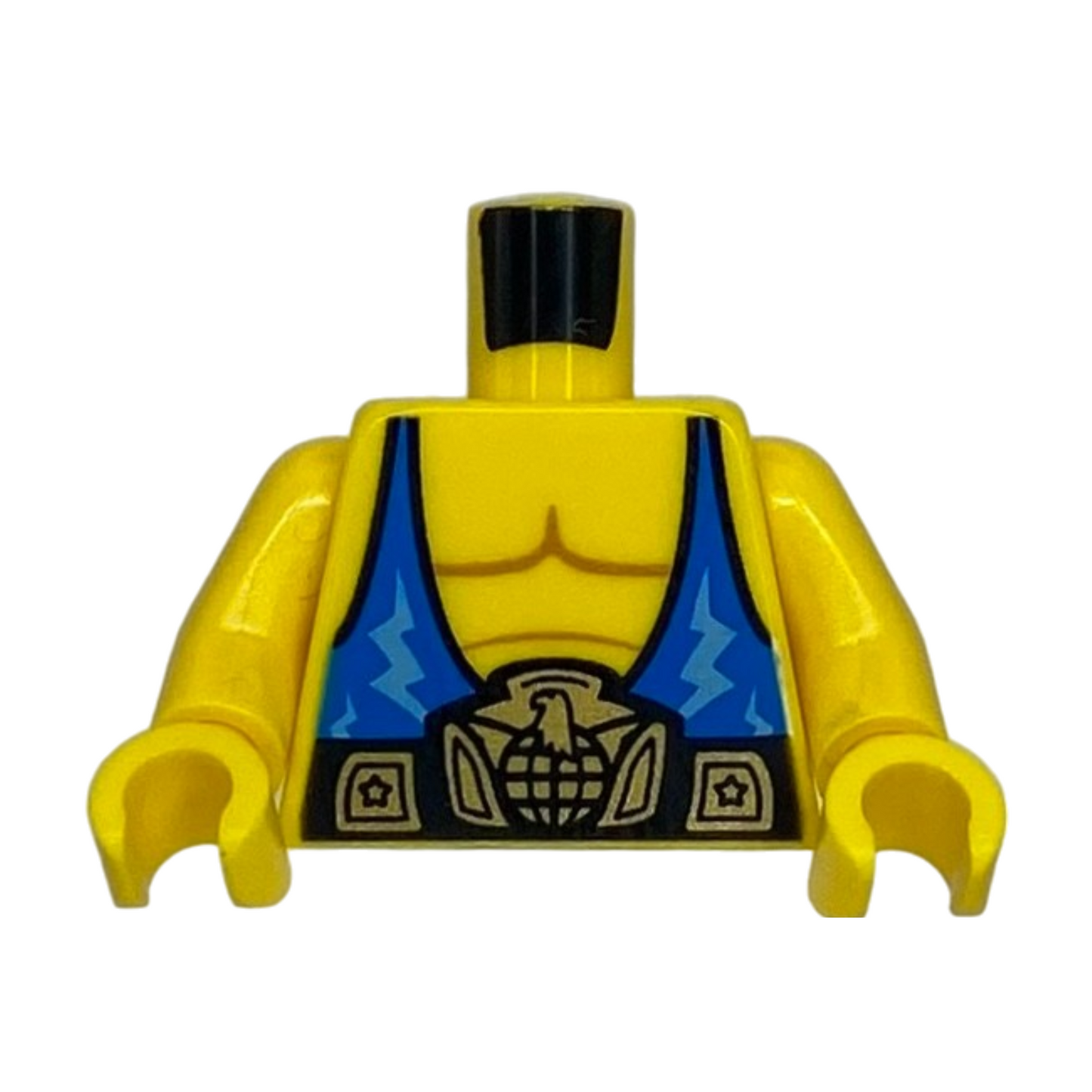 Torso with Muscles Outline, Blue Tank Top with Medium Blue Lightning Bolts, Black and Gold Wrestling Belt